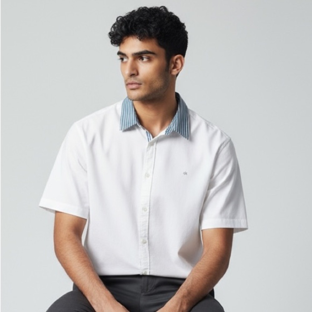 Calvin Klein White‎ Shirt with Striped Collar - Size XL - Nautical Fisherman B9